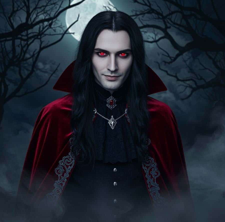 Vampiro con ojos rojos y capa bajo luna llena en bosque brumoso — Vampiro Pfp Fondos de pantalla