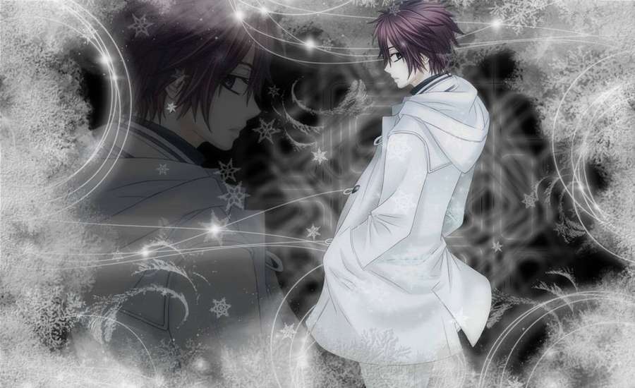 Anime-Figur in weißem Mantel, umgeben von Schneeflocken und leuchtenden Sternen in einer dunklen Winterszene. — Vampirritter Wallpaper