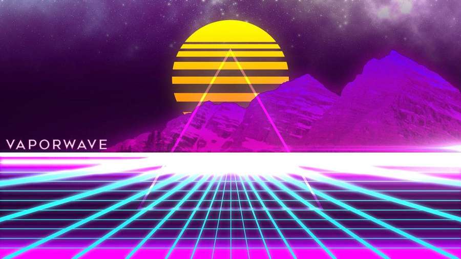 Vaporwave-kohtaus neonruudukolla, violetilla vuorilla ja raidallisella auringolla. — Vaporwave Taustakuvat