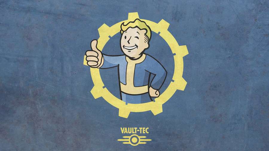 Cartoon-Figur Vault Boy gibt einen Daumen hoch in einem gelben Zahnrad-Logo. — Vault junge Wallpaper