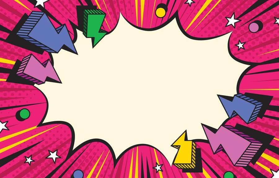 Comic book style frame with pink stars arrows and halftone bursts. — Vector Art Background