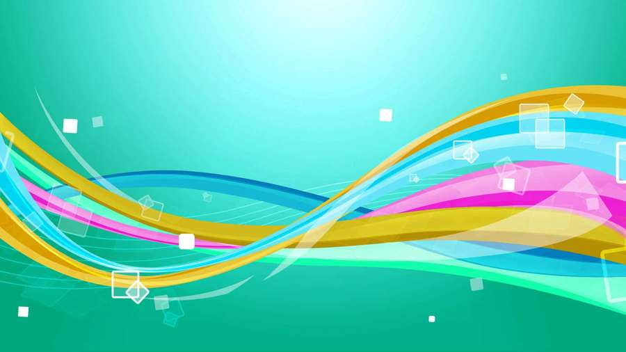 Dynamic colorful waves and floating squares on a teal gradient background. — Vector Background
