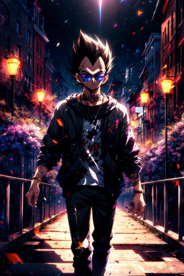 Anime character with spiky hair and sunglasses walking on a glowing bridge at night. — Vegeta Drip Wallpaper
