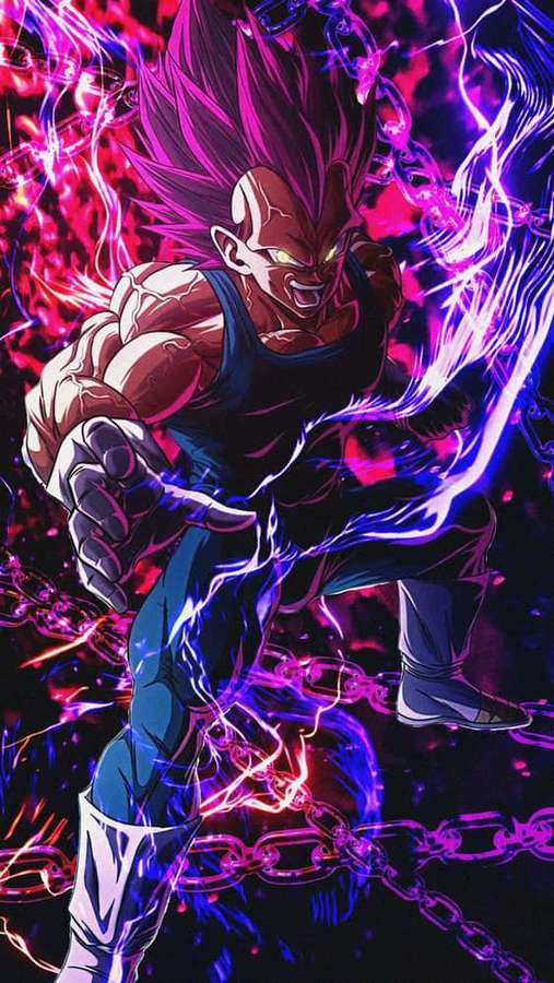 Anime-Figur mit pinken Haaren und glühenden Augen, umgeben von elektrischen Ketten und Energie. — Vegeta Hintergrundbild
