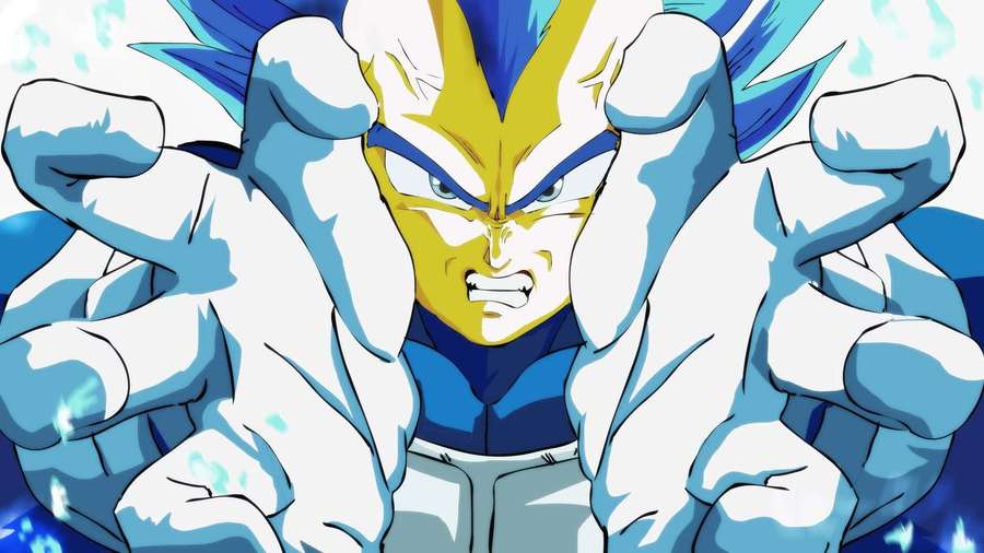 Anime character with blue hair and glowing eyes clenching fists in a powerful pose. — Vegeta's Final Flash Wallpaper