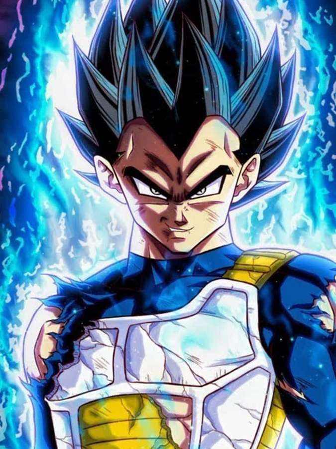 Vegeta from Dragon Ball in battle armor surrounded by blue energy. — Vegeta Ultra Ego Wallpaper