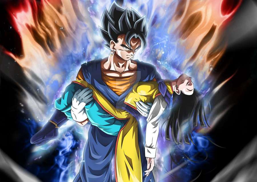 Anime hero carrying a woman through cosmic energy storm — Vegeta Ultra Instinct Wallpaper
