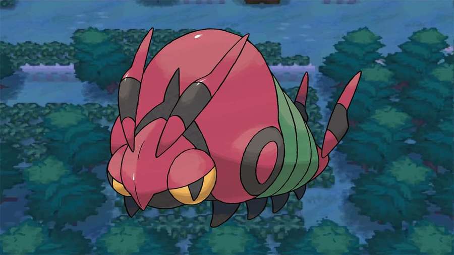 A red and green anime Pokémon with sharp horns and yellow eyes floating over trees. — Venipede Wallpaper