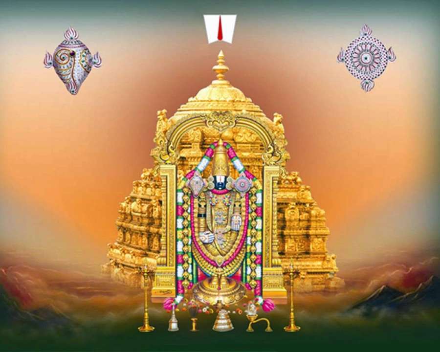 Golden temple with colorful garlands floating above mountains at sunset. — Venkateswara Wallpaper