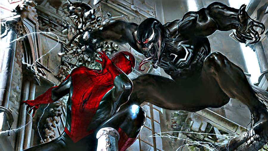 Spider-Man fights Venom in a broken cathedral with webs flying. — Venom Background