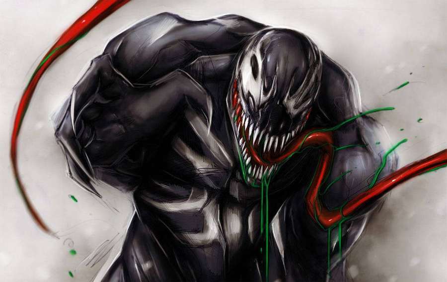 Feroce creatura simbionte nera Venom con viticci rosso-verdi che si lancia in avanti. — Venom Sfondi