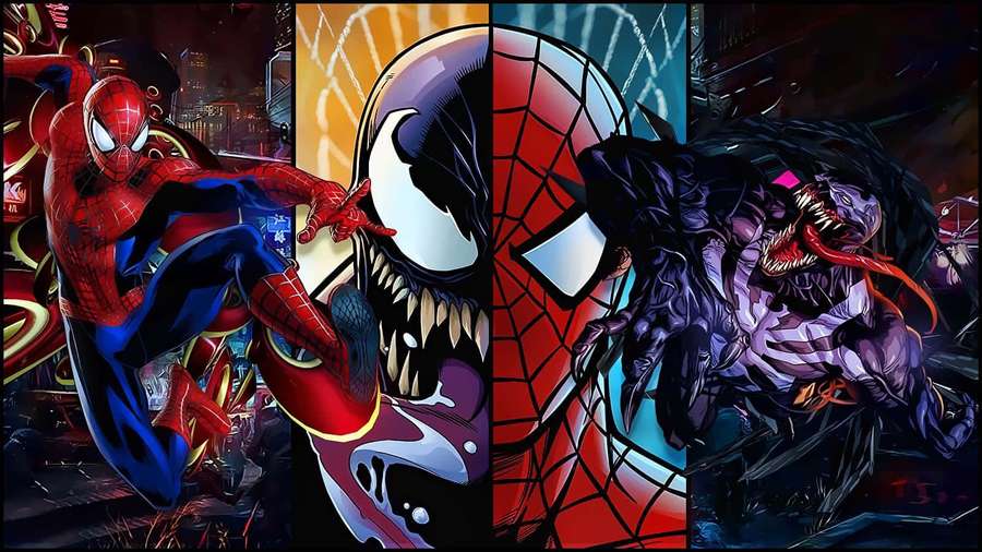 Spider-Man and Venom in a comic book style battle scene. — Venom Spider Man Wallpaper