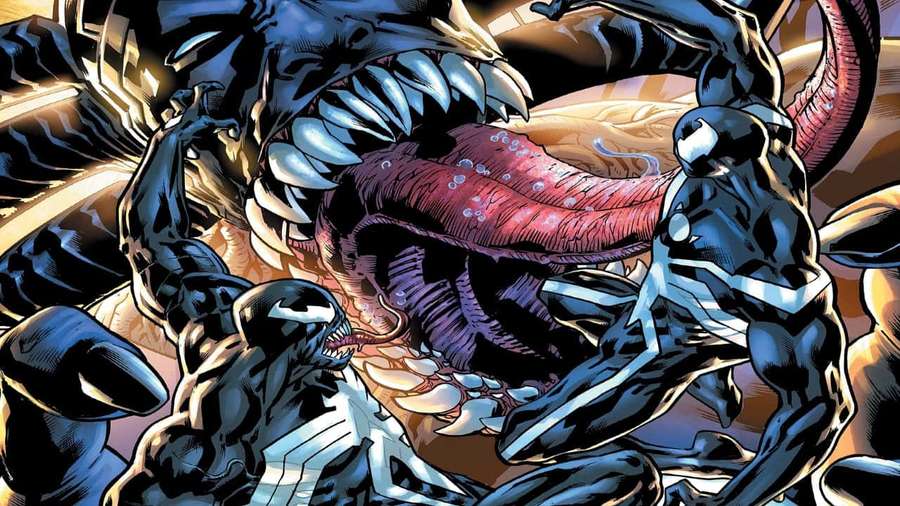 Venom and symbiote characters in a comic book style battle scene. — Venomized Wallpaper