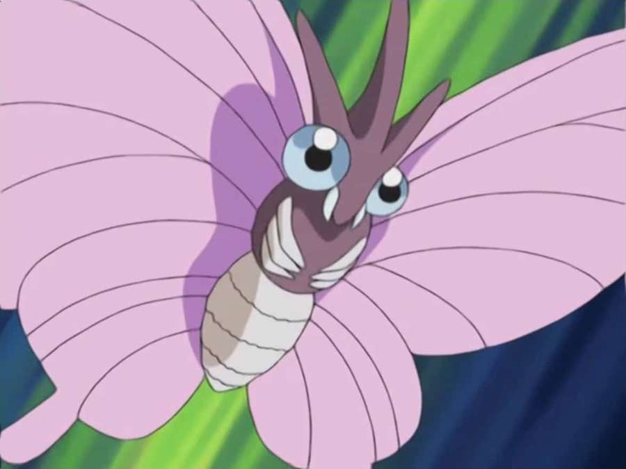 Una mariposa de dibujos animados de alas rosas con grandes ojos azules volando en verde y azul. — Venomoth Fondos de pantalla