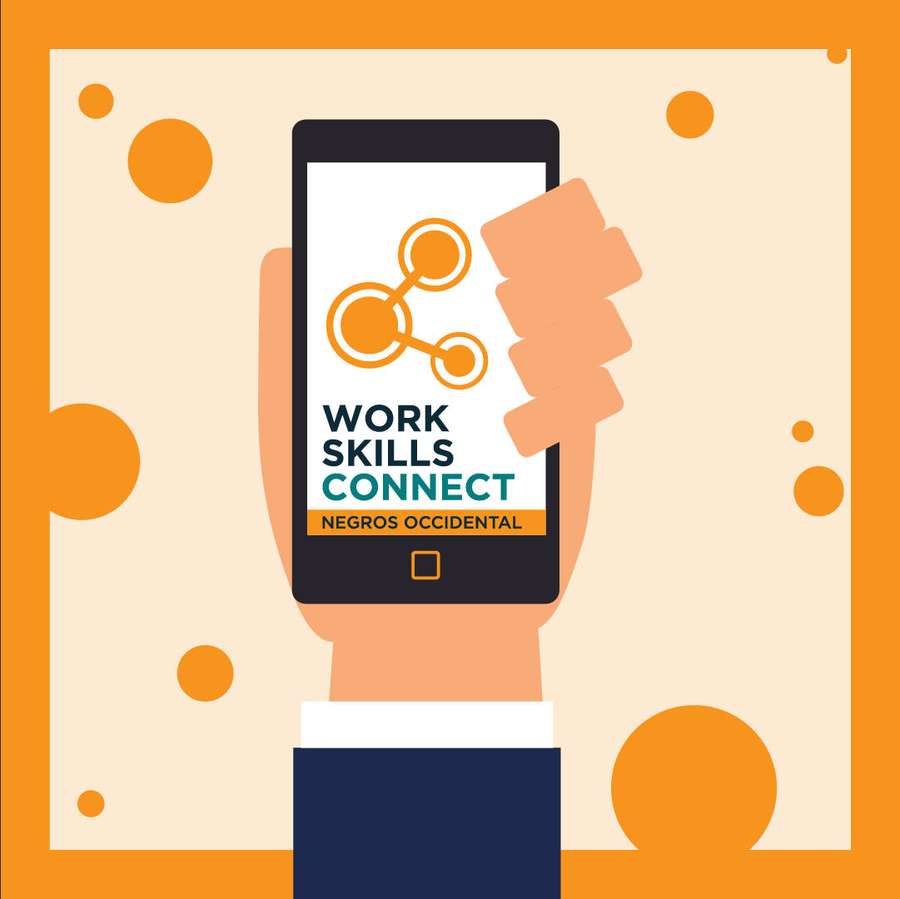 Hand, die Telefon hält, das Work Skills Connect App für Negros Occidental zeigt — Verbinden Wallpaper