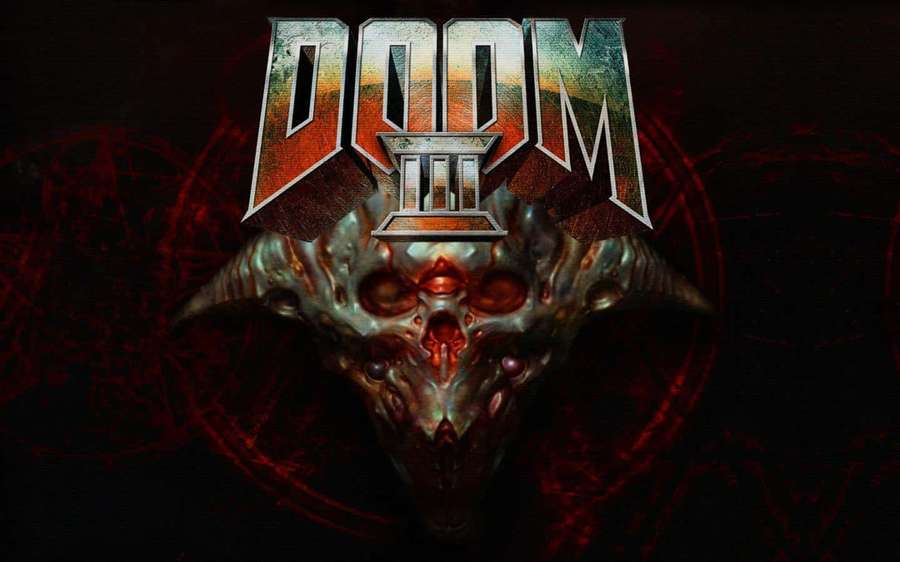 Doom III-Spiellogo mit dämonischem Schädel und roten okkulten Symbolen auf dunklem Hintergrund — Verdammnis 3 Wallpaper