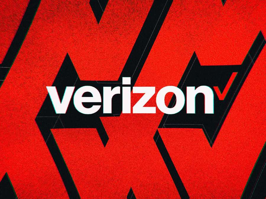 Verizon logo with glitch effect on red and black geometric background. — Verizon Background