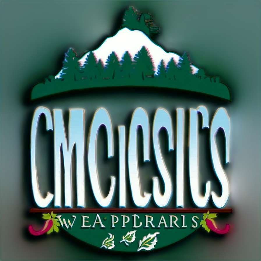 Logo with mountain pine trees and chili peppers around stylized text — Vermont PNG