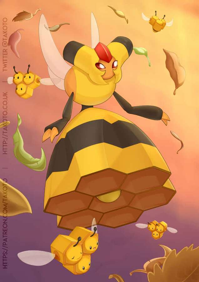 A cartoon bee Pokémon with a honeycomb body and red eyes flies among falling autumn leaves. — Vespiquen Wallpaper