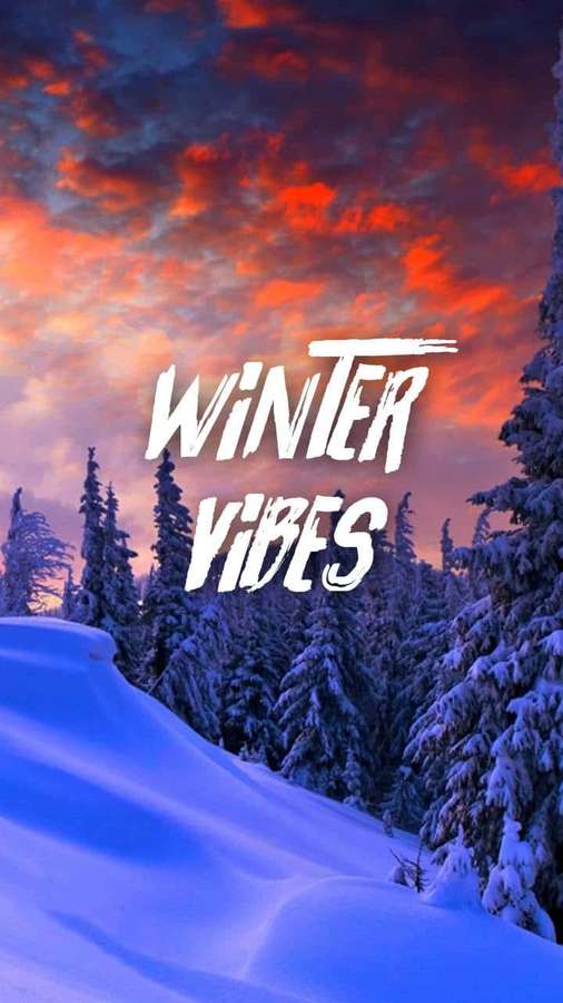Snowy pine trees under a vibrant red and orange sunset sky with winter vibes text. — Vibe Background