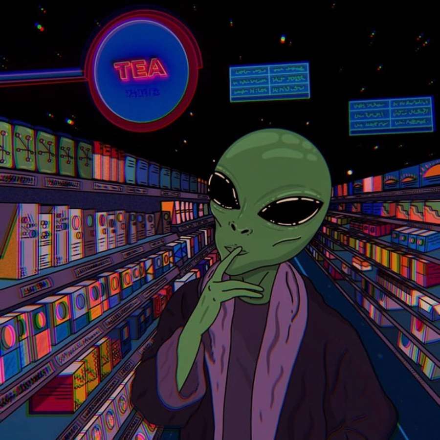 Green alien in purple robe thinking in a colorful space store aisle. — Vibey Background