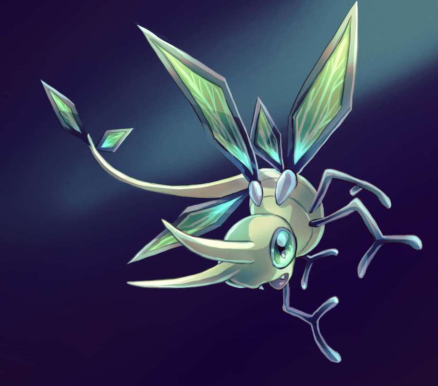A glowing green insect-like creature with wings and long limbs floating in darkness. — Vibrava Wallpaper