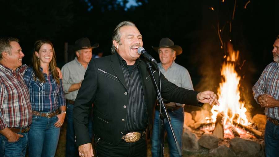 A candid, warm scene of Vicente Fernandez singing at a ranch bonfire with loved ones. — Vicente Fernandez Wallpaper