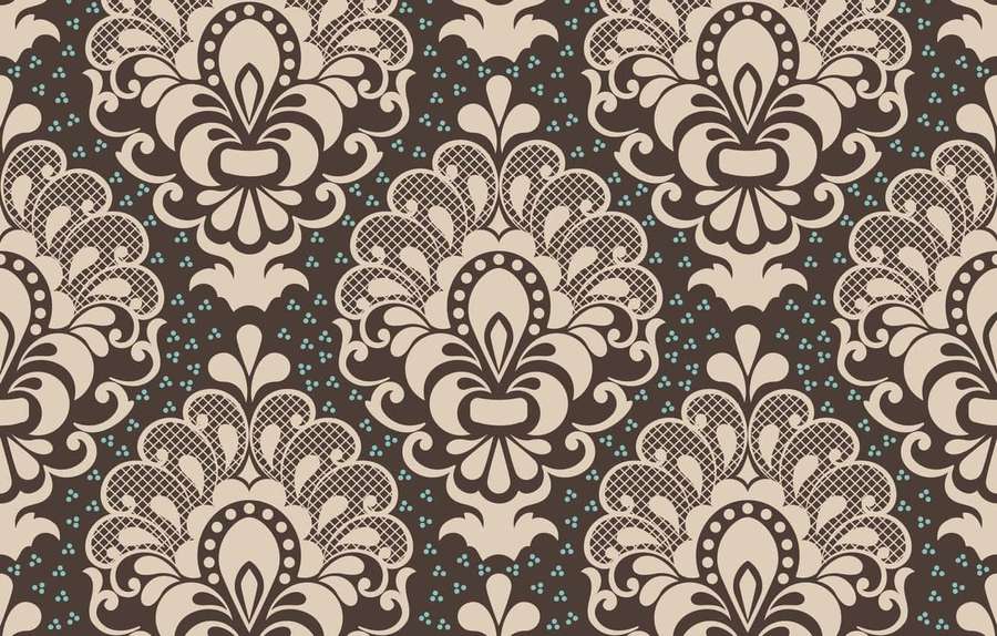 Beige damask floral pattern on dark brown background with teal dots. — Victorian Background