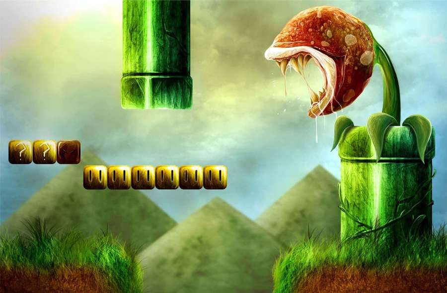 Carnivorous plant with sharp teeth and drooling saliva in a grassy field with game elements. — Video Game Background