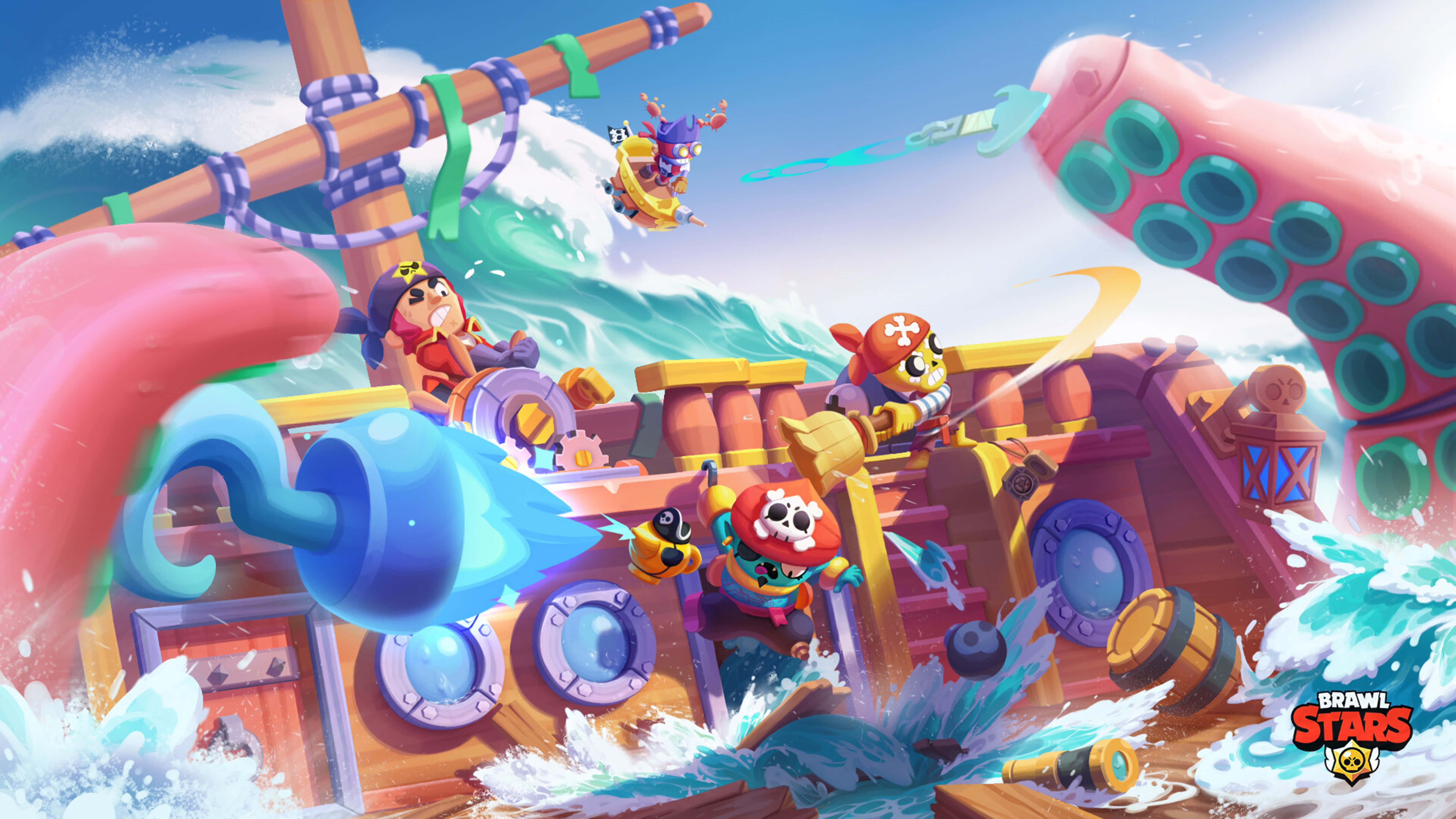 Personaggi pirati che combattono un polpo gigante su una nave in una scena di videogioco. — Video gioco Sfondi