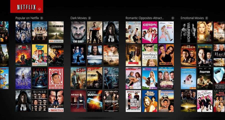 Netflix streaming interface showing movie and show thumbnails organized by genre. — Video-on-demand Wallpaper