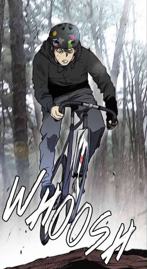 Un ciclista anime monta una bicicleta de montaña a través de un bosque con un efecto de sonido whoosh. — Viento Fondos de pantalla