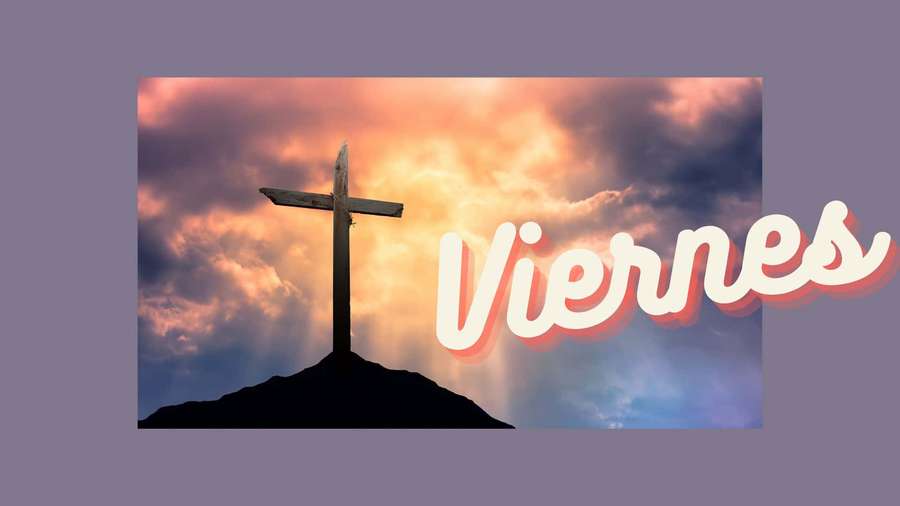 Een kruis op een heuvel bij zonsondergang met het woord Viernes in gestileerde tekst. — Viernes Achtergronden