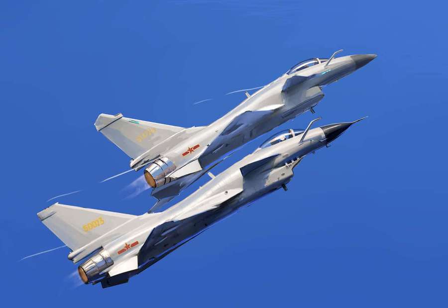 Two fighter jets flying in formation against a clear blue sky. — Vigorous Wallpaper