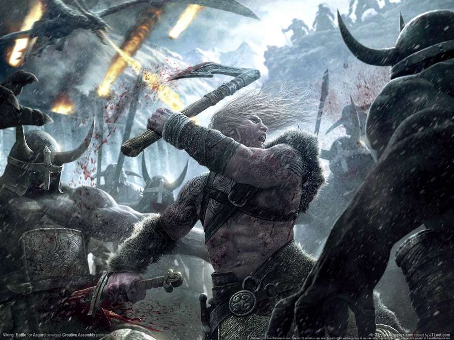 Guerreiro viking em batalha com machado contra inimigos com chifres em ambiente tempestuoso — Viking Papéis de Parede