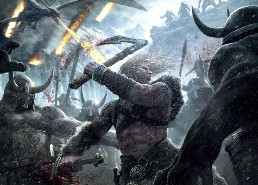 Viking warrior fighting in a snowy battle with blood and fire. — Viking Background