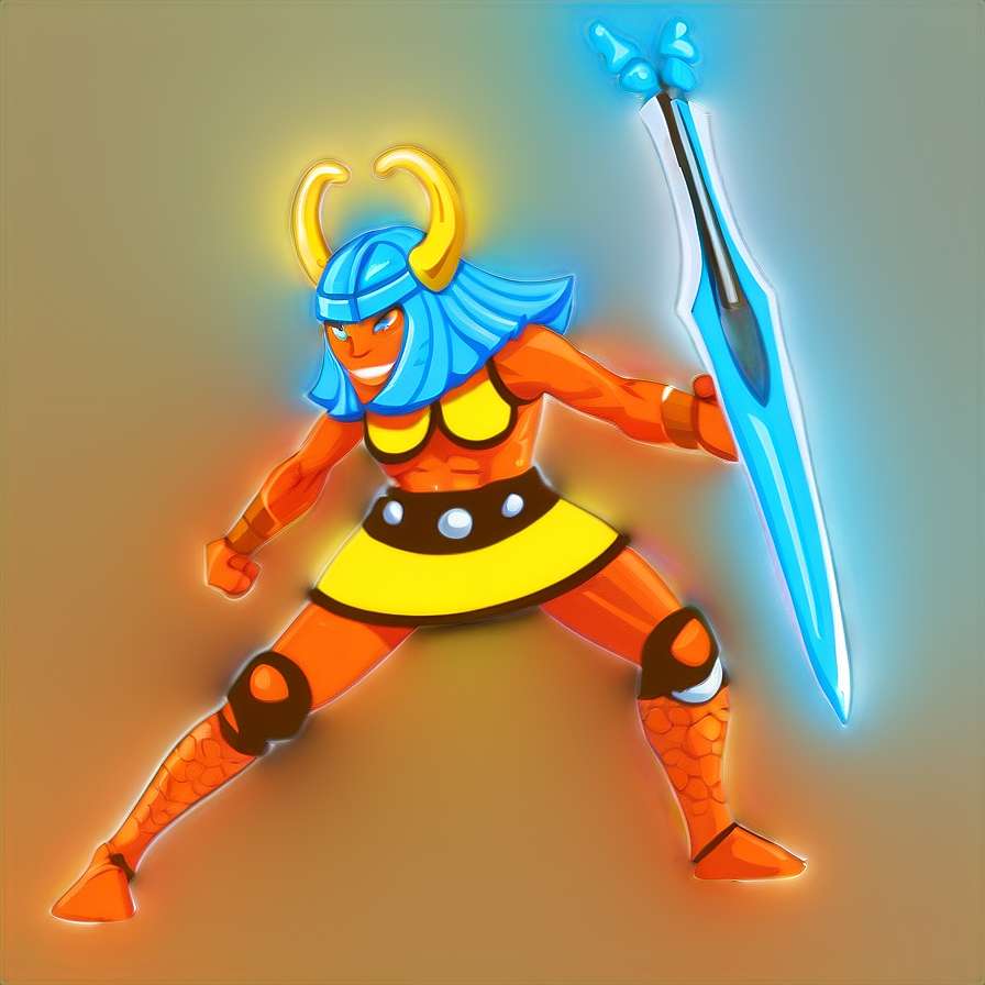 Cartoon warrior with blue hair and glowing sword in battle stance. — Viking PNG