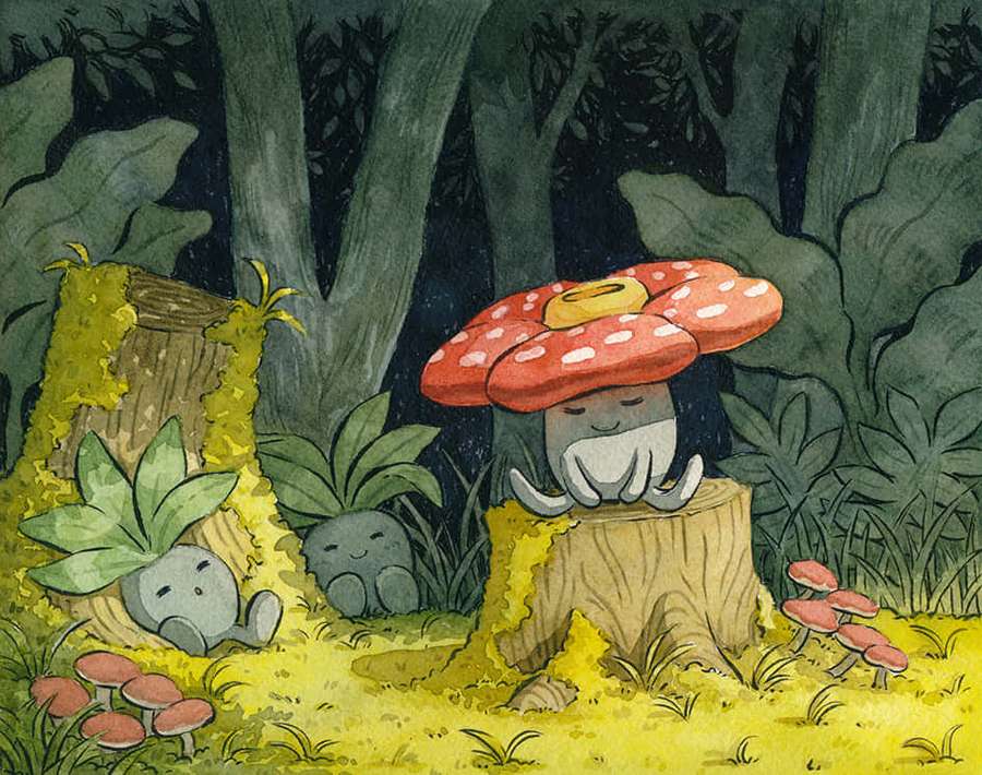 Cute mushroom creatures sleeping in a mossy forest at night. — Vileplume Wallpaper