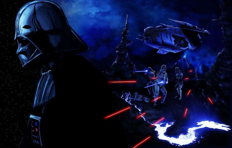 Darth Vader watches clone troopers fight in a starry night battle with lightsabers and blasters. — Villain Background
