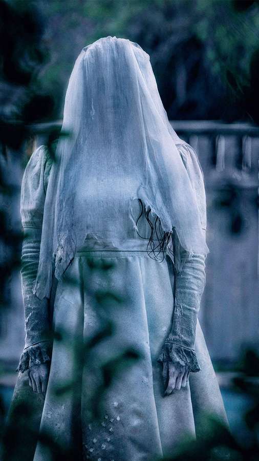 Una novia fantasmal con un velo y vestido blanco andrajoso se encuentra en un jardín oscuro y brumoso. — Villanos de terror Fondos de pantalla