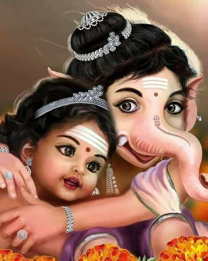 Ganesha umarmt liebevoll ein Kind, umgeben von Ringelblumen. — Vinayaka Bilder