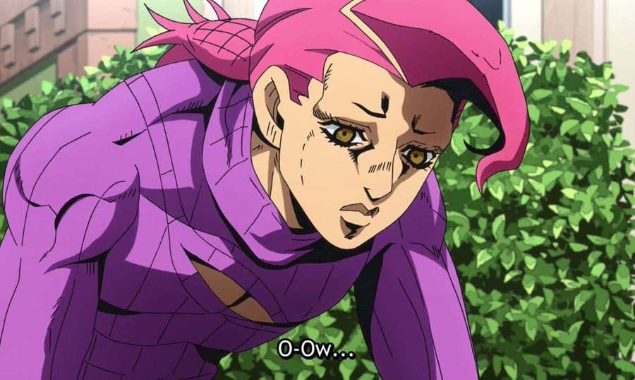 Animehahmo, jolla on vaaleanpunaiset hiukset ja violetti asu, osoittaa kipua ulkona. — Vinegar Doppio Taustakuvat