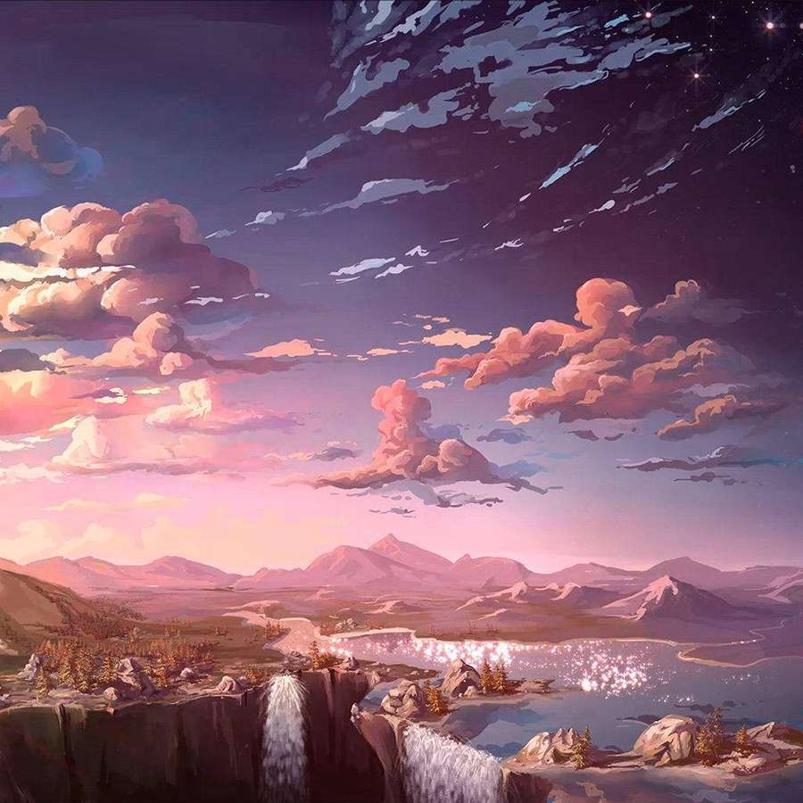 Rosa und violette Wolken schweben über Bergen und Wasserfällen unter einem Sternenhimmel. — Vintage-ästhetik Wallpaper