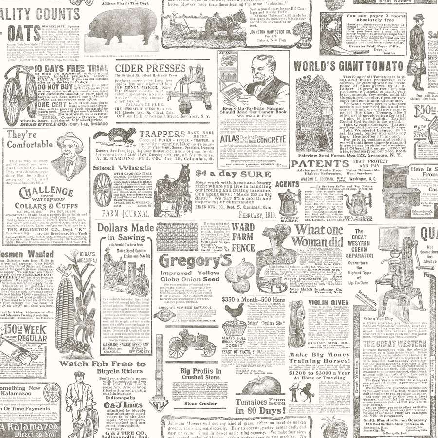 1910s newspaper page with vintage advertisements for farm equipment and household goods. — Vintage Newspaper Background