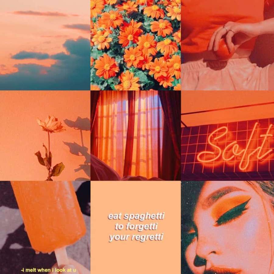 A warm-toned collage featuring sunset skies flowers hands neon signs and faces. — Vintage Orange Aesthetic Wallpaper