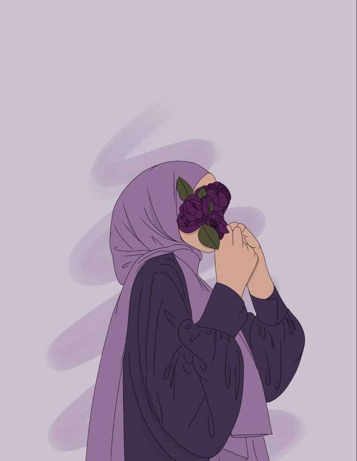 Una donna con un hijab color lavanda tiene una rosa viola sul viso. — Viola Sfondi