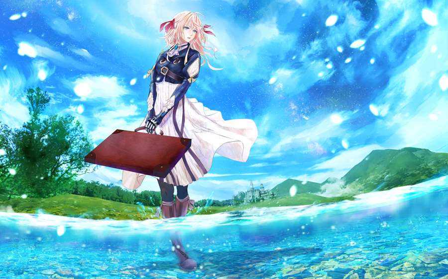 Anime girl with suitcase wading in water under a blue sky with floating petals — Violet Evergarden Wallpaper