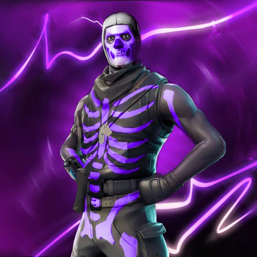 Eine Fortnite-Skelettfigur, die lila leuchtet mit Neonblitzeffekten im Hintergrund. — Violetter Skull Trooper Wallpaper