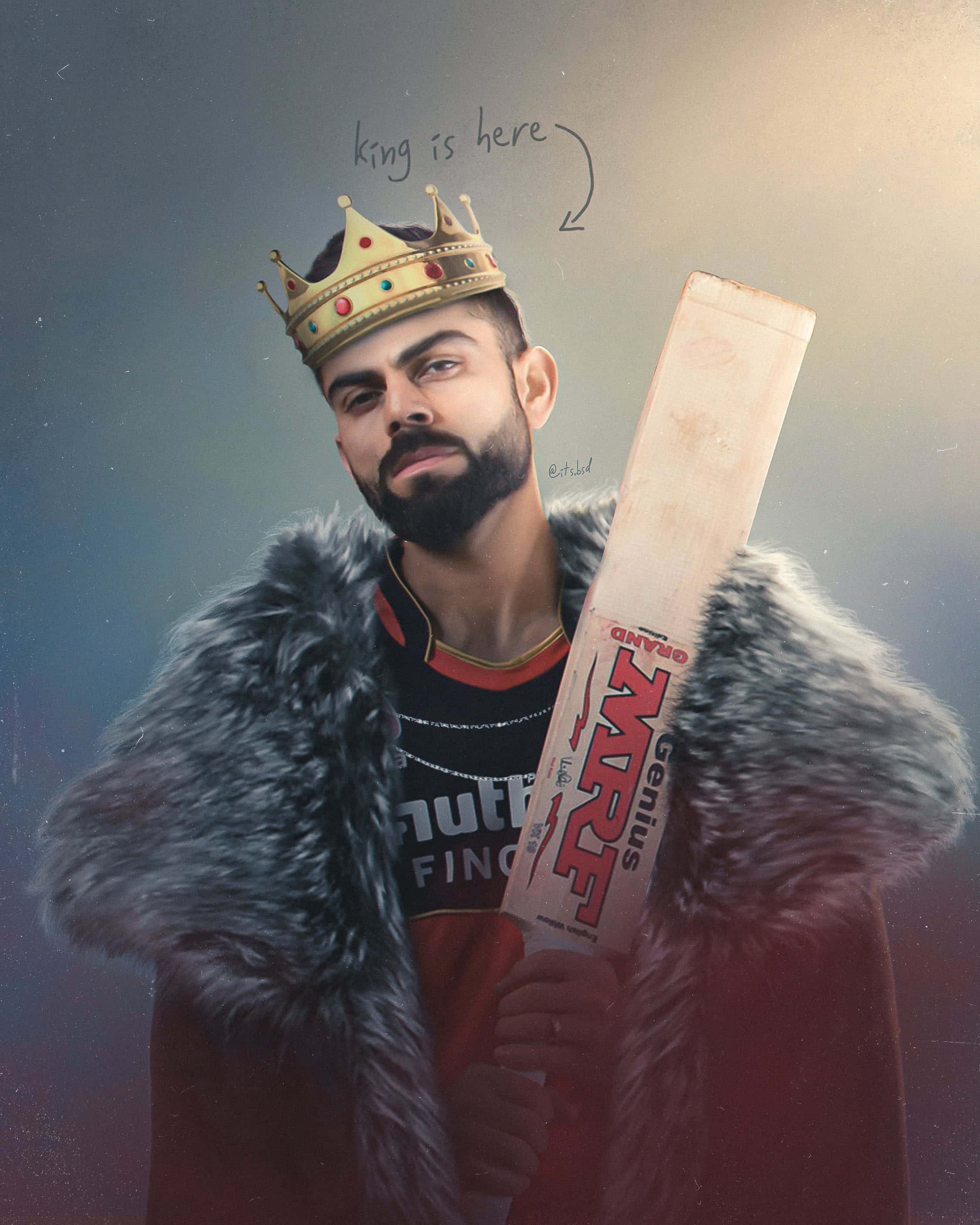 A crowned cricket player in a fur coat holding a bat with 'king is here' text. — Virat Kohli HD Background