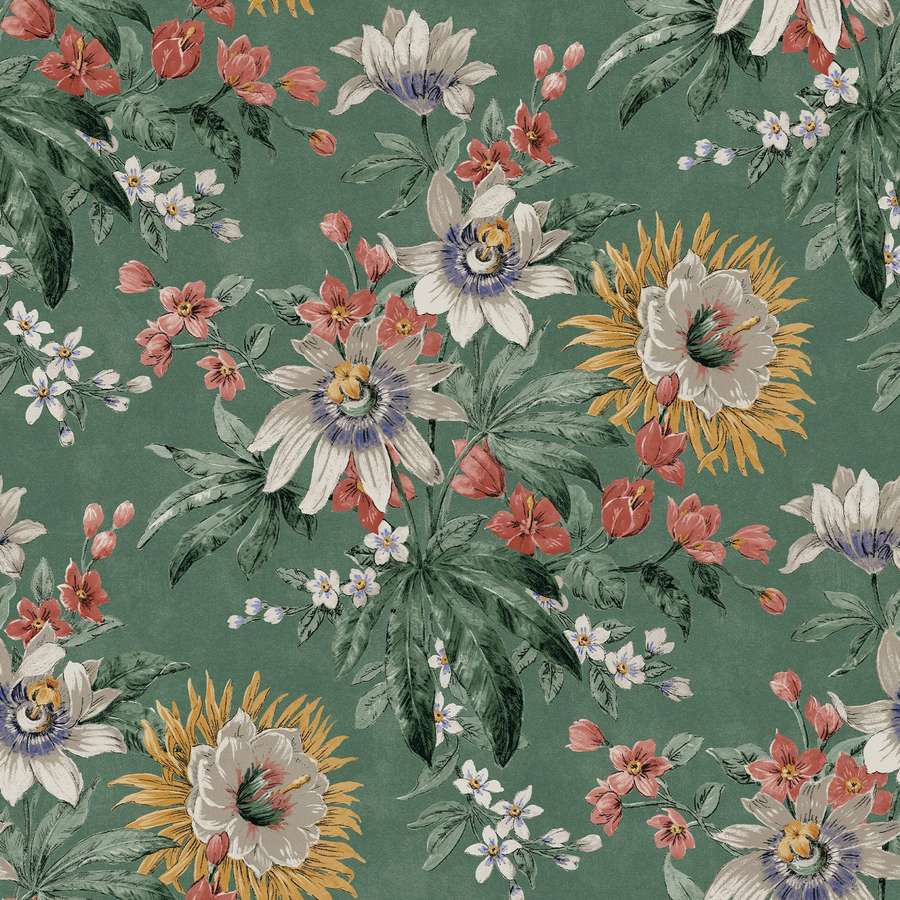 Vintage floral wallpaper with passionflowers sunflowers and pink blooms on teal background. — Viridian Wallpaper